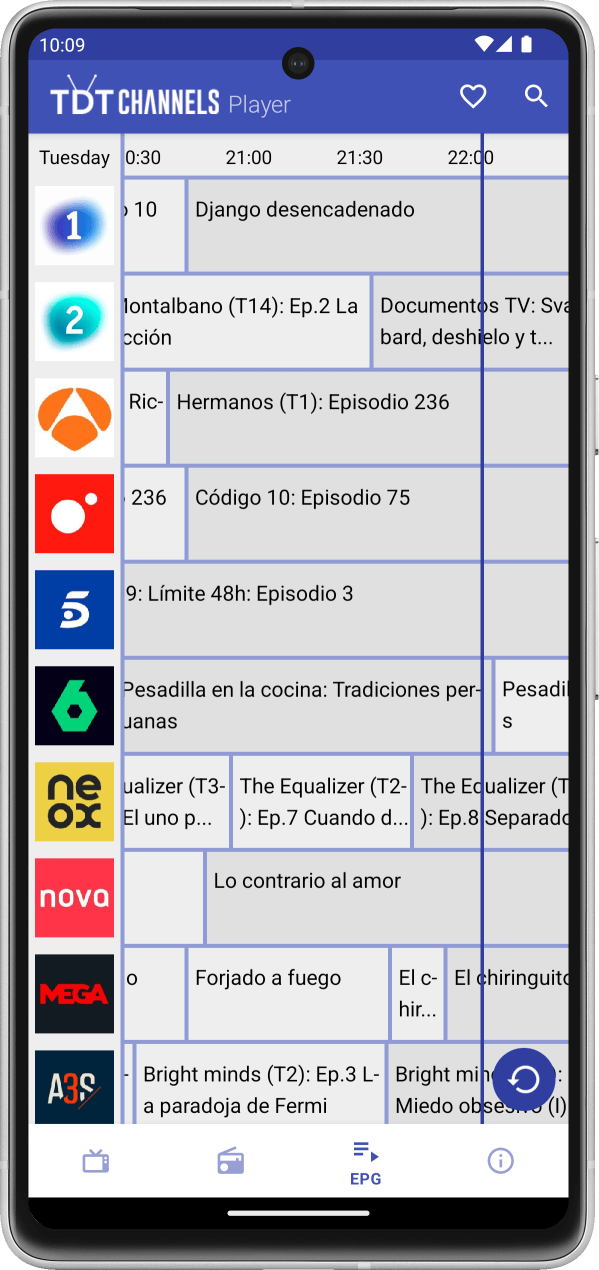 App TDTChannels en Android en la pestaña de vista de EPG general