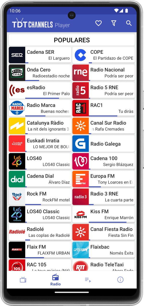 Captura de pantalla de la app TDTChannels en Android mostrando el menú principal de radios