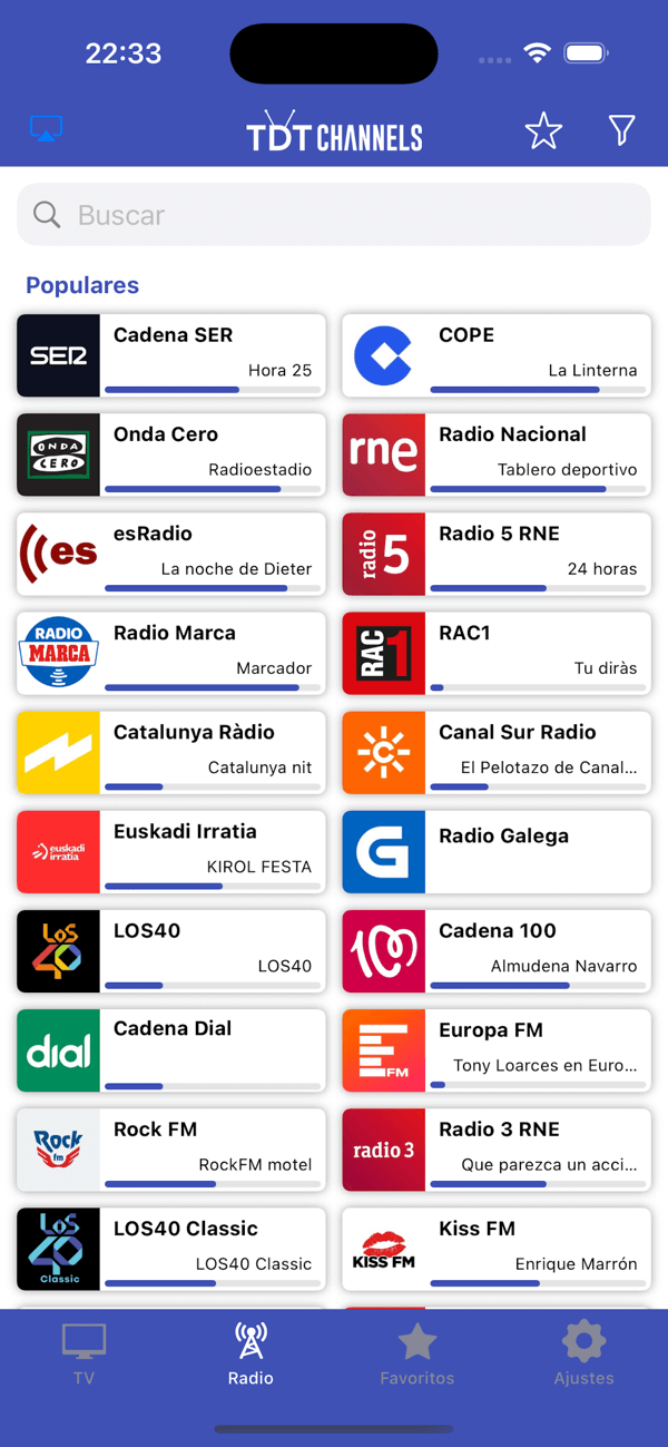 App TDTChannels en iOS en pestaña Radio