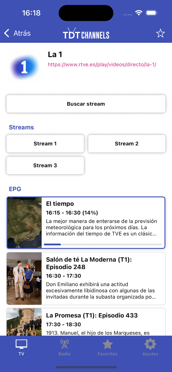 App TDTChannels en iOS en la vista de detalles EPG para un canal de TV